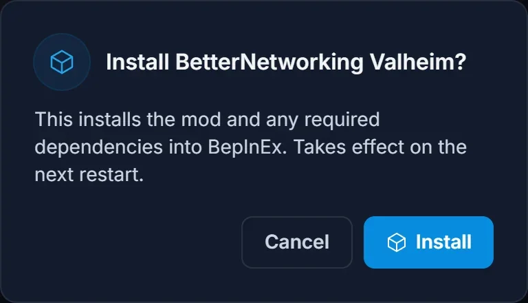 Bekræftelsesdialogen for installation af BetterNetworking Valheim i DoomHosting panelet
