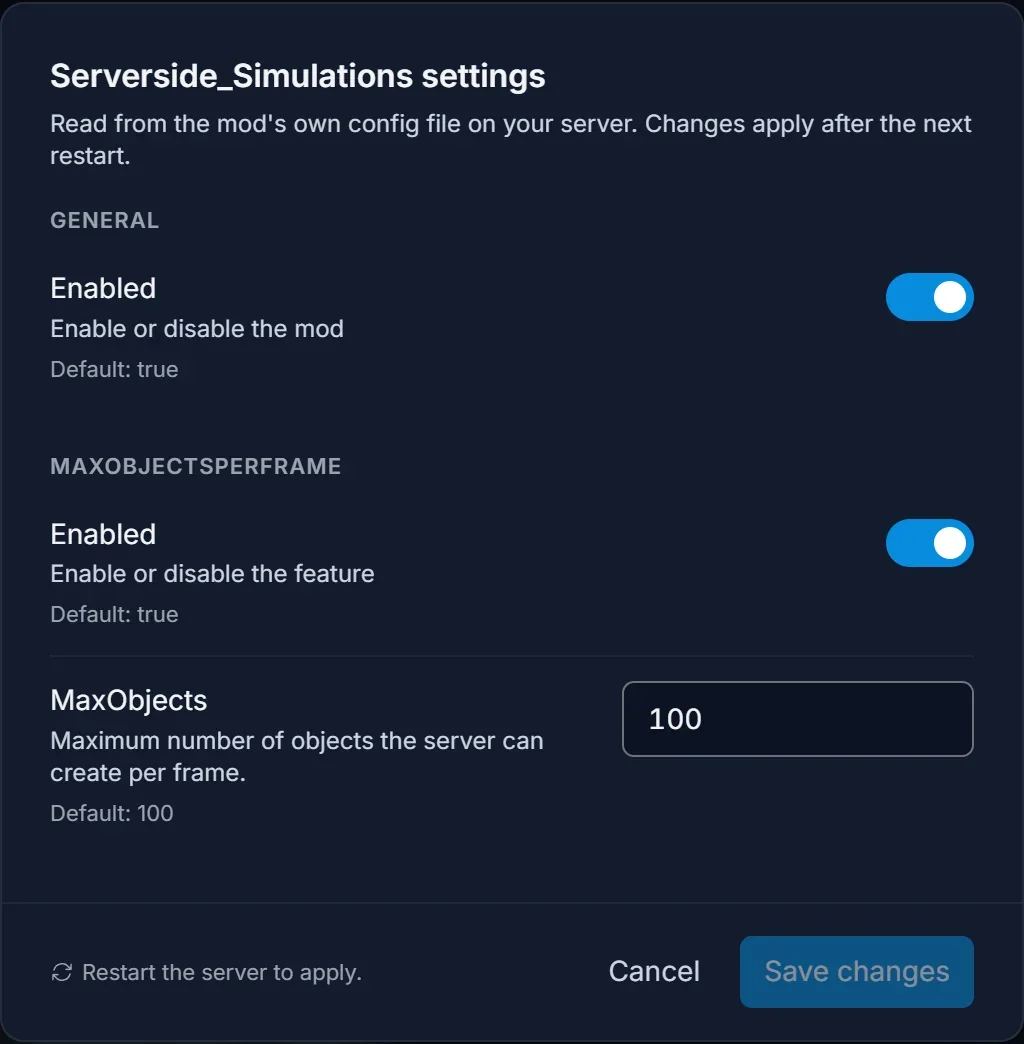 Formularen med indstillinger til Serverside Simulations åben i DoomHosting panelet med Enabled-knapperne og MaxObjects