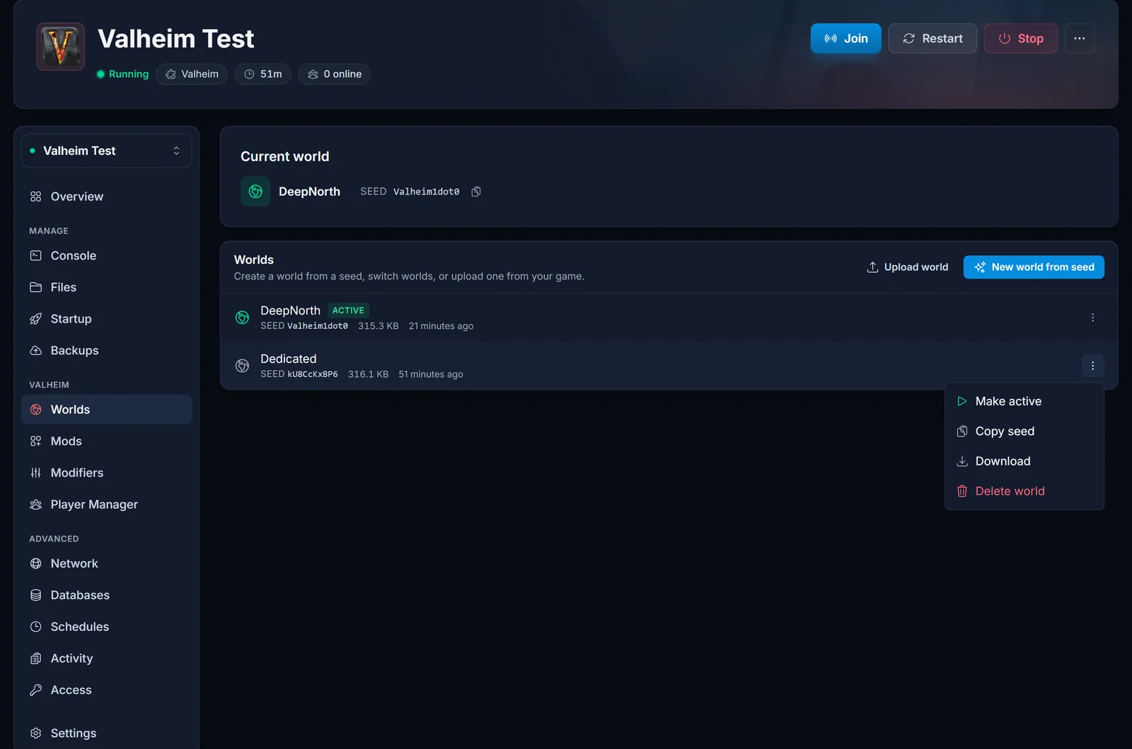 The row menu on a world in the Worlds tab, offering Make active, Copy seed, Download and Delete world