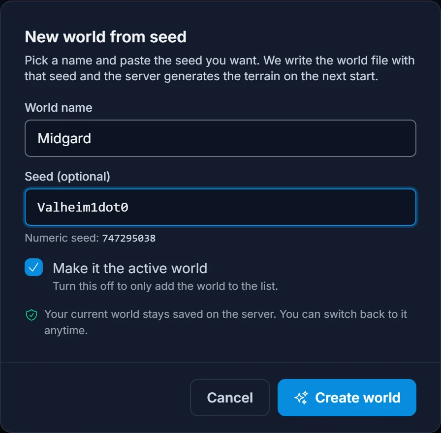 The New world from seed dialog in the DoomHosting panel, with a world name of DeepNorth, a seed of Valheim1dot0, the resolved numeric seed, and the Make it the active world checkbox ticked