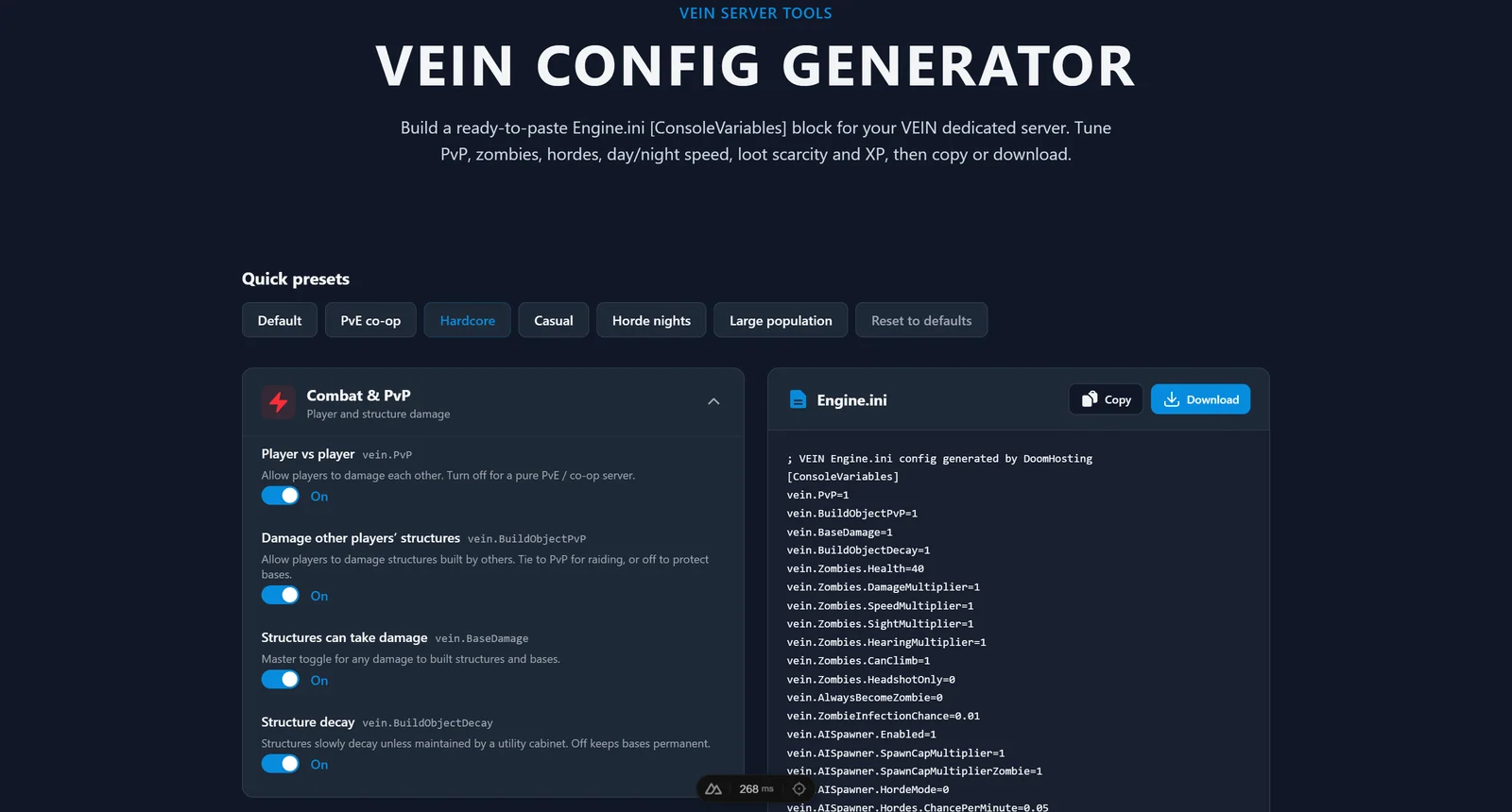 DoomHosting VEIN config generator, der bygger en Engine.ini ConsoleVariables-blok