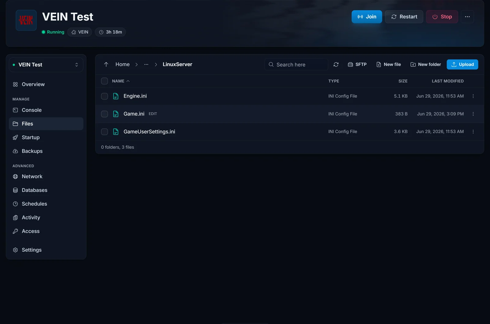 VEIN File Manager åbnet i Vein/Saved/Config/LinuxServer med filen Engine.ini
